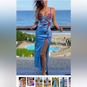 Blue satin starfish rhinestone dress, size L